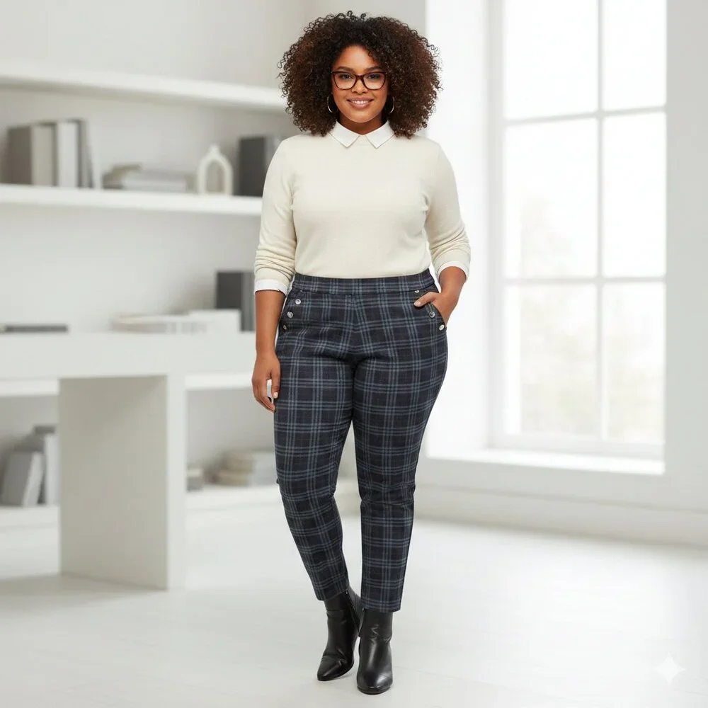 Curve Appeal Plaid Ankle Pants Women's 2X Gray Red Tapered Stretch Pull On - Picture 2 of 7